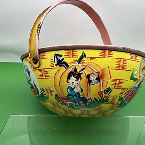 Vintage J Chein Easter Tin Toy Basket Storybook Characters Made in USA 1950s